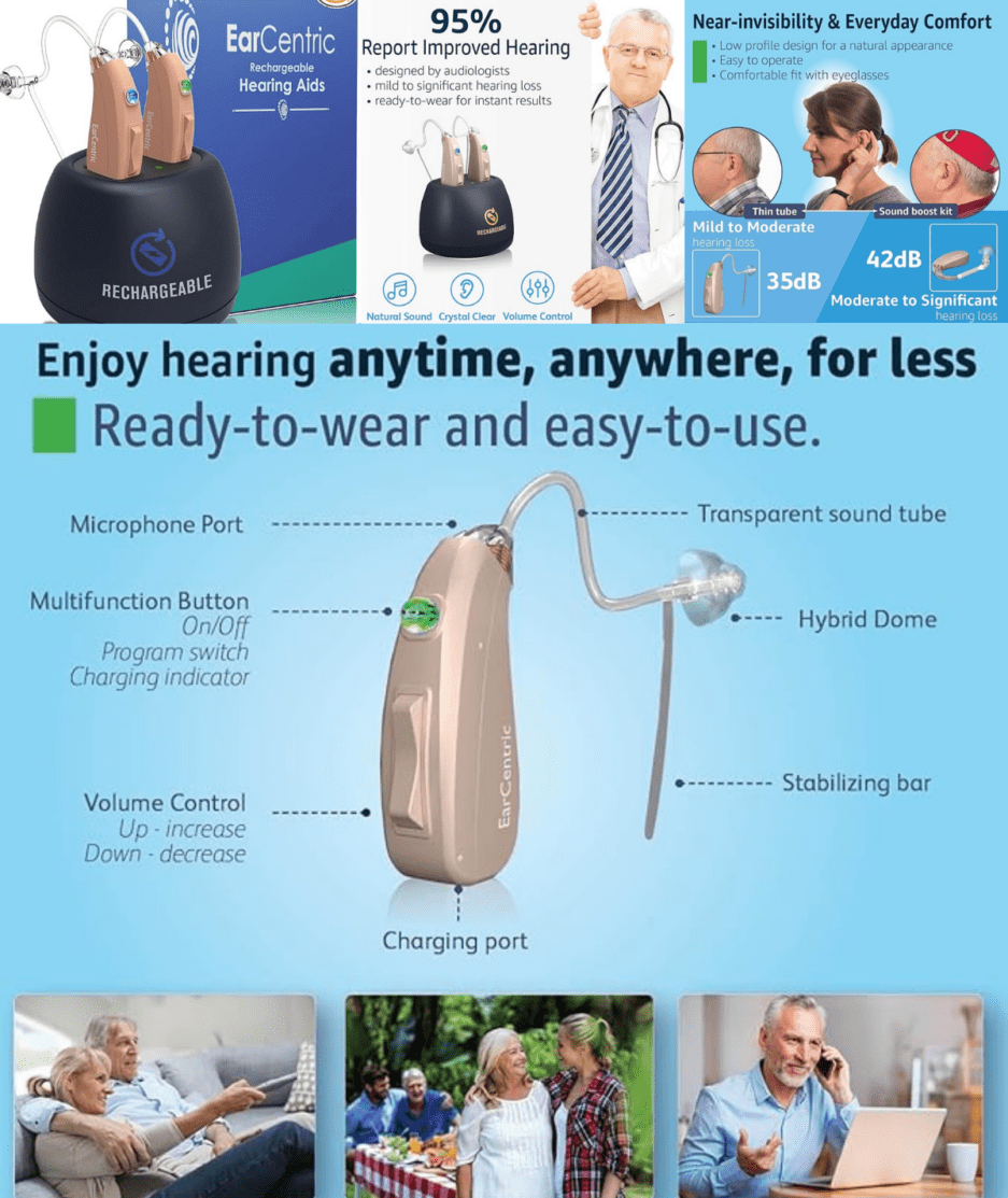 "Beige Rechargeable BTE Ear Aids: Seniors' Sound Amplifiers"